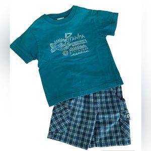 VTG Arizona Jean Co Set Shirt Shorts Outfit Piranha Beachwear Blue Plaid Boy 2T